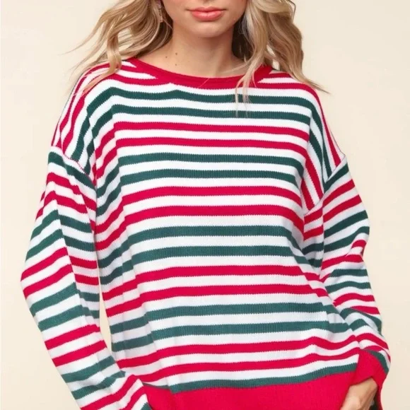Haptics Striped Crewneck Sweater in Red, Green & White Size 1X - Picture 1 of 6